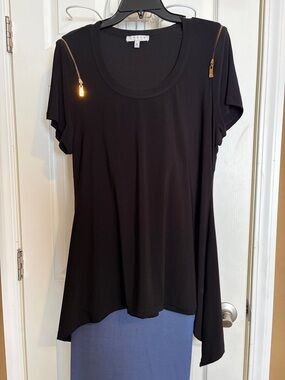 Chaus Black Short-Sleeve Tunic with Gold Shoulder Zips